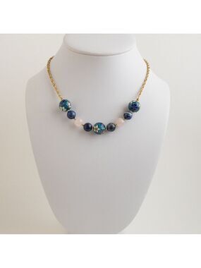 Vintage Rare Hobe Cloisonné Rose Quartz Sodalite Beaded Necklace Gold Tone